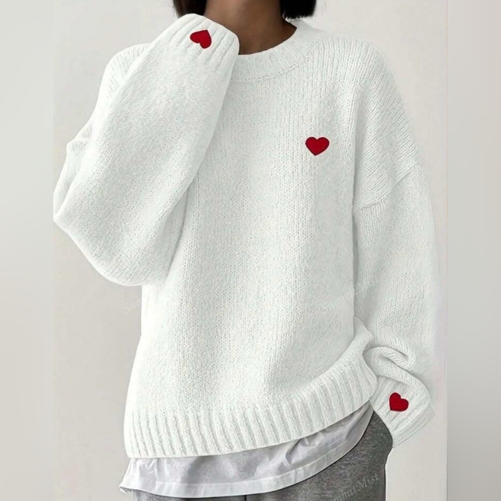 White Crewneck Sweater with Red Heart Detail